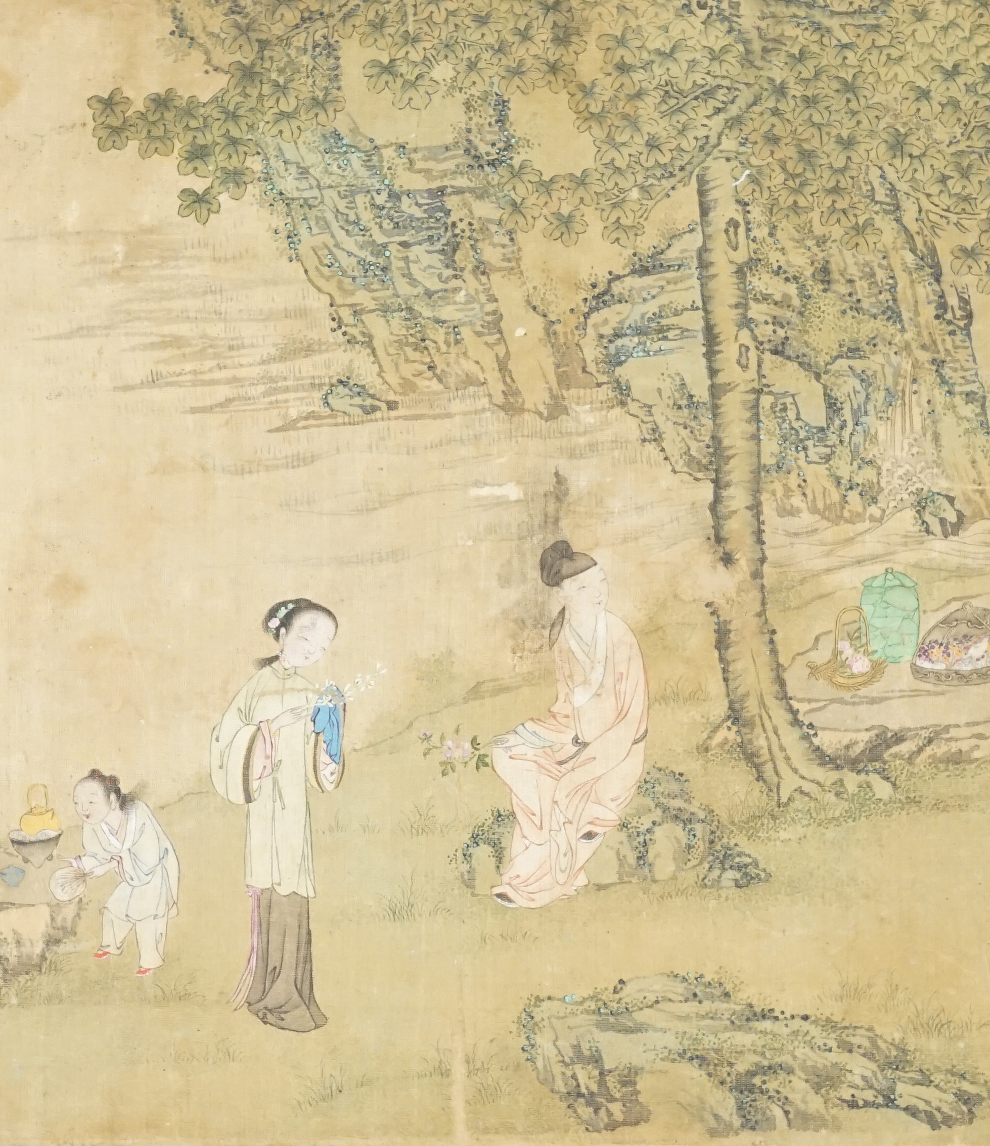 An album of six Chinese paintings on silk of lovers, late Ming dynasty, with six adjacent pages of calligraphy on paper, pages separated, some losses to images and calligraphy